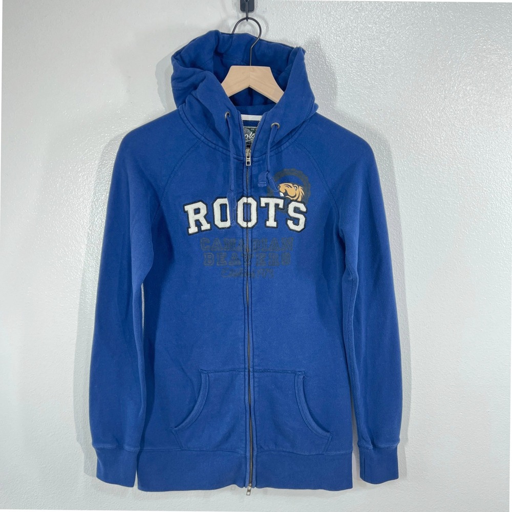 Roots Canada Full Zip Hoodie Womens Small Blue Beaver Logo Sweatshirt Sporting